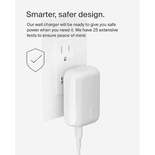 벨킨 Belkin BoostCharge 42W Dual Port Wall Charger, USB-C + USB-A Charger Fast Charging for iPhone 15, 15 Plus, 15 Pro, 15 Pro Max, 14, 14 Pro Max, iPhone 13, Galaxy S24 Ultra, iPad, AirPods & More - White