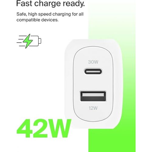 벨킨 Belkin BoostCharge 42W Dual Port Wall Charger, USB-C + USB-A Charger Fast Charging for iPhone 15, 15 Plus, 15 Pro, 15 Pro Max, 14, 14 Pro Max, iPhone 13, Galaxy S24 Ultra, iPad, AirPods & More - White