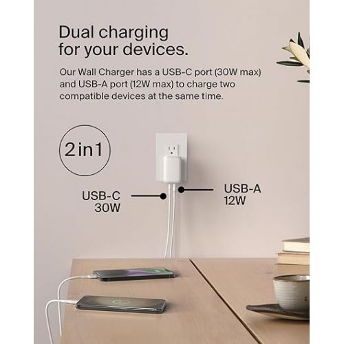 벨킨 Belkin BoostCharge 42W Dual Port Wall Charger, USB-C + USB-A Charger Fast Charging for iPhone 15, 15 Plus, 15 Pro, 15 Pro Max, 14, 14 Pro Max, iPhone 13, Galaxy S24 Ultra, iPad, AirPods & More - White