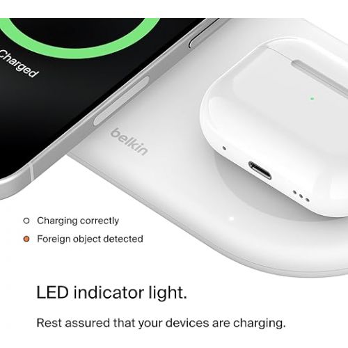 벨킨 Belkin BoostCharge Pro 2-in-1 MagSafe-Compatible Wireless Charging Pad w/ Qi2 15W + Additional USB-C Port, Fast Charger for iPhone 15, iPhone 14, & iPhone 13 Series, AirPods, and More - White