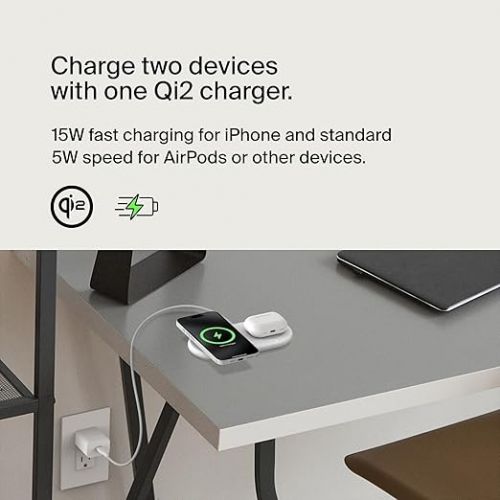 벨킨 Belkin BoostCharge Pro 2-in-1 MagSafe-Compatible Wireless Charging Pad w/ Qi2 15W + Additional USB-C Port, Fast Charger for iPhone 15, iPhone 14, & iPhone 13 Series, AirPods, and More - White