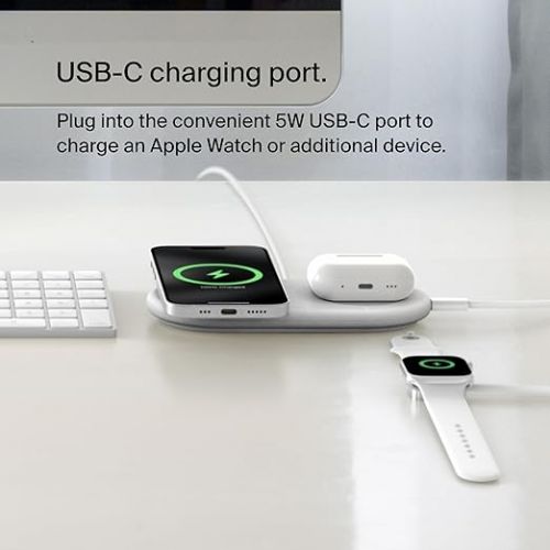 벨킨 Belkin BoostCharge Pro 2-in-1 MagSafe-Compatible Wireless Charging Pad w/ Qi2 15W + Additional USB-C Port, Fast Charger for iPhone 15, iPhone 14, & iPhone 13 Series, AirPods, and More - White