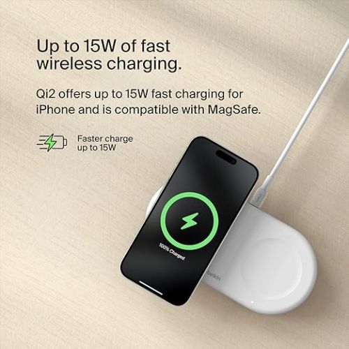 벨킨 Belkin BoostCharge Pro 2-in-1 MagSafe-Compatible Wireless Charging Pad w/ Qi2 15W + Additional USB-C Port, Fast Charger for iPhone 15, iPhone 14, & iPhone 13 Series, AirPods, and More - White