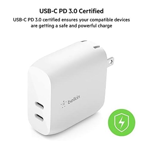 벨킨 Belkin 40W Dual Port USB-C Wall Charger, USB Type C Charger Fast Charging for iPhone 15, 15 Plus, 15 Pro, 15 Pro Max, 14, 14 Pro, 14 Pro Max, iPhone 13 Series, Galaxy S23, iPad, AirPods & More, 2-Pack