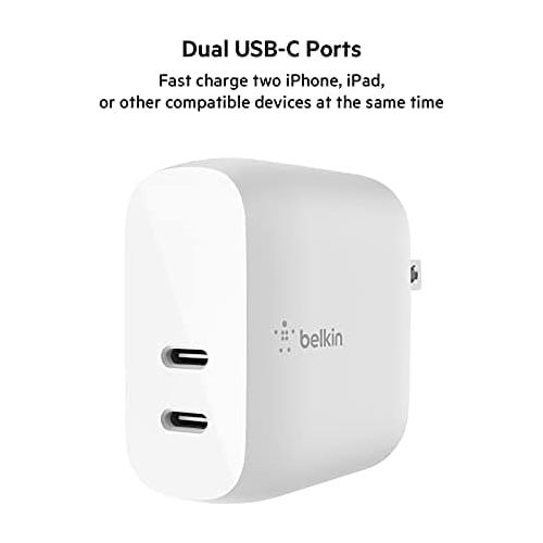 벨킨 Belkin 40W Dual Port USB-C Wall Charger, USB Type C Charger Fast Charging for iPhone 15, 15 Plus, 15 Pro, 15 Pro Max, 14, 14 Pro, 14 Pro Max, iPhone 13 Series, Galaxy S23, iPad, AirPods & More, 2-Pack