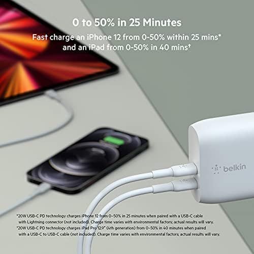 벨킨 Belkin 40W Dual Port USB-C Wall Charger, USB Type C Charger Fast Charging for iPhone 15, 15 Plus, 15 Pro, 15 Pro Max, 14, 14 Pro, 14 Pro Max, iPhone 13 Series, Galaxy S23, iPad, AirPods & More, 2-Pack