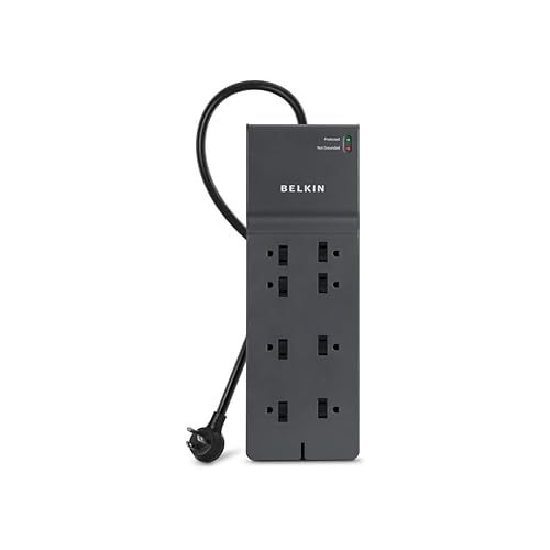 벨킨 Belkin 8-Outlet Surge Protector w/ 8 AC Outlets & 8ft Long Flat Plug, UL-listed Heavy-Duty Extension Cord for Home, Office, Travel, Computer Desktop, Laptop, Phone Charger - 2,500 Joules of Protection