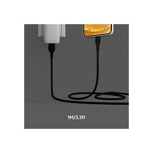 벨킨 Belkin BoostCharge Flex Silicone USB Type A to Lightning Cable (1M/3.3FT), MFi Certified Charging Cable for iPhone 13, 12, 11, Pro, Max, Mini, SE, iPad and More, 2-pack, Black