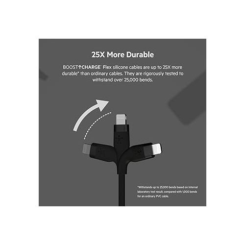 벨킨 Belkin BoostCharge Flex Silicone USB Type A to Lightning Cable (1M/3.3FT), MFi Certified Charging Cable for iPhone 13, 12, 11, Pro, Max, Mini, SE, iPad and More, 2-pack, Black