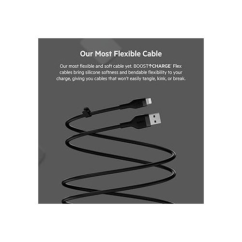 벨킨 Belkin BoostCharge Flex Silicone USB Type A to Lightning Cable (1M/3.3FT), MFi Certified Charging Cable for iPhone 13, 12, 11, Pro, Max, Mini, SE, iPad and More, 2-pack, Black