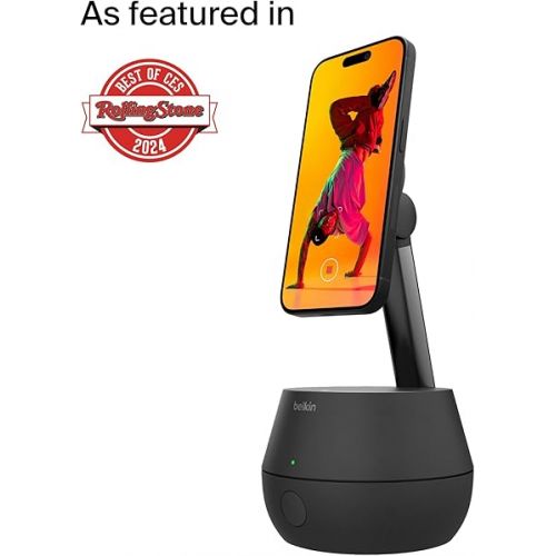 벨킨 Belkin Auto Face Tracking Tripod Pro w/DockKit, MagSafe Compatible Wireless Smart Charging Mount, No App, 360° Rotation Face & Body Tracking Stand, iOS Integration for iPhone 15 & More + 5ft AC Plug