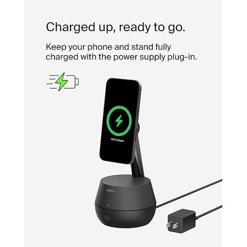 벨킨 Belkin Auto Face Tracking Tripod Pro w/DockKit, MagSafe Compatible Wireless Smart Charging Mount, No App, 360° Rotation Face & Body Tracking Stand, iOS Integration for iPhone 15 & More + 5ft AC Plug