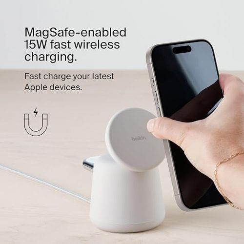 벨킨 Belkin 2-in-1 MagSafe Wireless Charging Dock 15W Fast Charge iPhone Charger Compatible with iPhone 15, 14, 13, and 12 Series, AirPods, and Other MagSafe Enabled Devices, Includes Power Supply - Sand