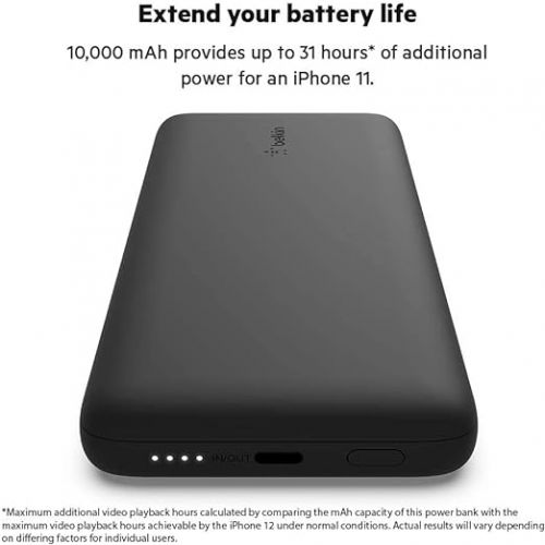 벨킨 Belkin BoostCharge Plus 10k mAh Power Bank w/Integrated Lightning Cable & USB-C Cable - iPhone Charger - Battery Pack Portable Charger for iPhone 15 Pro Max, iPhone 15, iPhone 14, iPhone 13 - Black