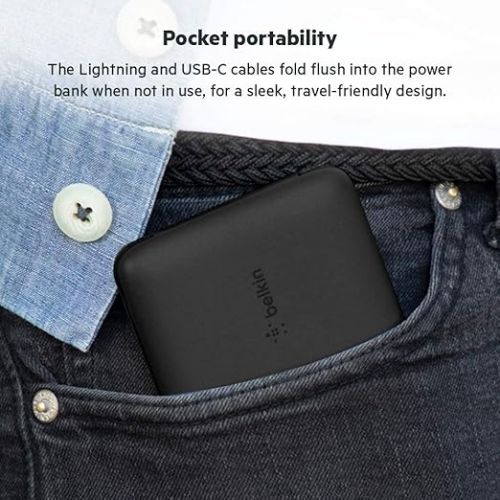 벨킨 Belkin BoostCharge Plus 10k mAh Power Bank w/Integrated Lightning Cable & USB-C Cable - iPhone Charger - Battery Pack Portable Charger for iPhone 15 Pro Max, iPhone 15, iPhone 14, iPhone 13 - Black