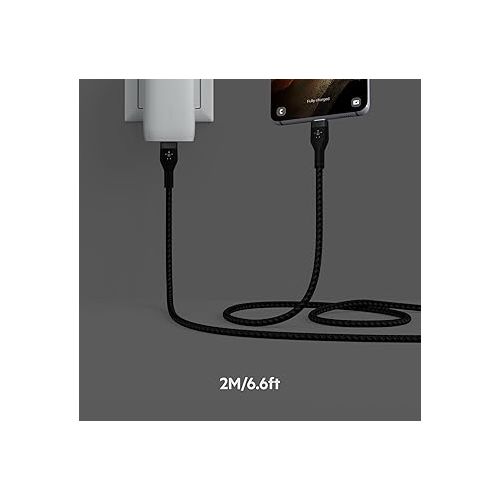 벨킨 Belkin BoostCharge Pro Flex Braided USB-C to USB-C Charger Cable (2M/6.6FT), USB-IF Certified Power Delivery PD Fast Charging Cable for iPhone 15 Series, MacBook Pro, iPad Pro, Galaxy S23, S22 - Black