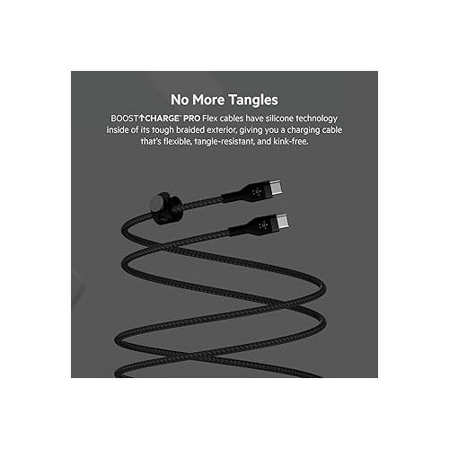 벨킨 Belkin BoostCharge Pro Flex Braided USB-C to USB-C Charger Cable (2M/6.6FT), USB-IF Certified Power Delivery PD Fast Charging Cable for iPhone 15 Series, MacBook Pro, iPad Pro, Galaxy S23, S22 - Black