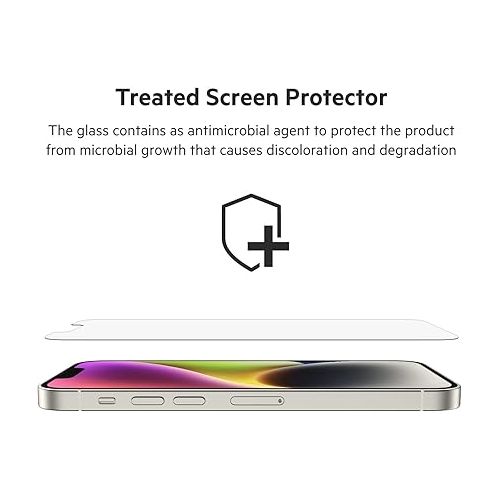 벨킨 Belkin UltraGlass iPhone 14, iPhone 13 Pro Screen Protector - Easy Application with Installation Guide Tray - Crystal Clear Tempered Glass Screen Protector with AntiMicrobial-Treated Display