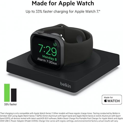 벨킨 Belkin Apple Watch Charger - Fast Wireless Charging Pad - Travel Charger with Nightstand Mode W/USB-C Cable Included for Apple Watch (Compatible with All Models) - Black