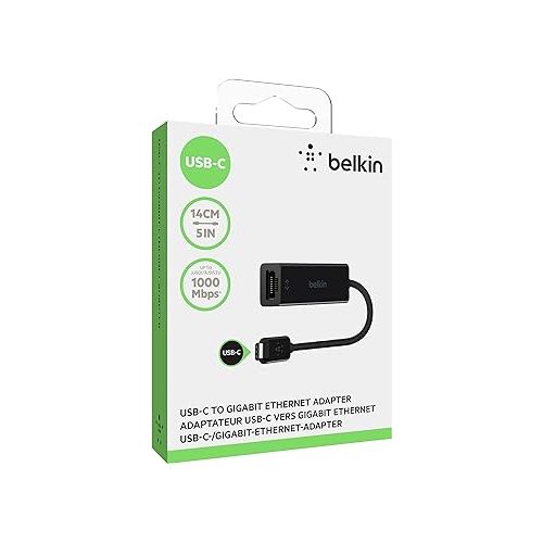 벨킨 Belkin USB-C to Ethernet Adapter, Gigabit Ethernet Port Compatible w/ USB-C Devices, USB-C to Ethernet Cable for MacBook Pro & Dell XPS 13” Laptops, Ethernet USB-C Hub, Ethernet USB-C Adapter - Black