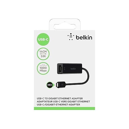 벨킨 Belkin USB-C to Ethernet Adapter, Gigabit Ethernet Port Compatible w/ USB-C Devices, USB-C to Ethernet Cable for MacBook Pro & Dell XPS 13” Laptops, Ethernet USB-C Hub, Ethernet USB-C Adapter - Black