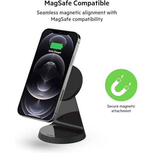 벨킨 Belkin Magnetic Wireless Charger, (Power Supply Included) Wireless Charging Stand, Compatible with MagSafe for iPhone 12, 13, Pro, Pro Max, and Mini - Black