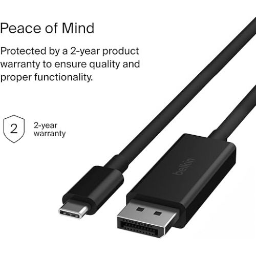 벨킨 Belkin USB Type C to DisplayPort 1.4 Cable 6.6ft/2m, 32.4Gbps, 8K@60Hz or 4K@144HZ, with HBR3, DSC, HDCP 2.2, DP Alt Mode, Backwards Compatible, Works with Windows, MacOS, iPadOS, Android, and More