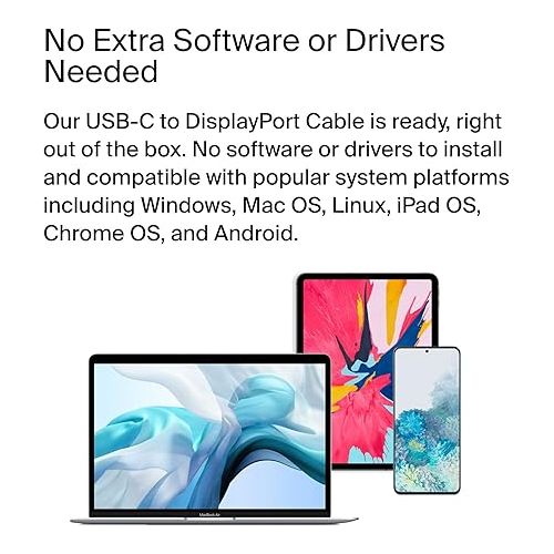 벨킨 Belkin USB Type C to DisplayPort 1.4 Cable 6.6ft/2m, 32.4Gbps, 8K@60Hz or 4K@144HZ, with HBR3, DSC, HDCP 2.2, DP Alt Mode, Backwards Compatible, Works with Windows, MacOS, iPadOS, Android, and More