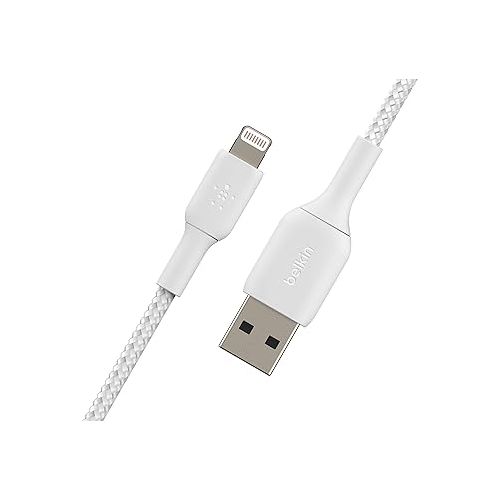 벨킨 Belkin BoostCharge Braided Lightning Cable - 6.6ft/2M - MFi Certified Apple iPhone Charger USB to Lightning Cable 6ft - iPhone Cable - iPhone Charger Cable - Apple Charger - USB Phone Charger - White