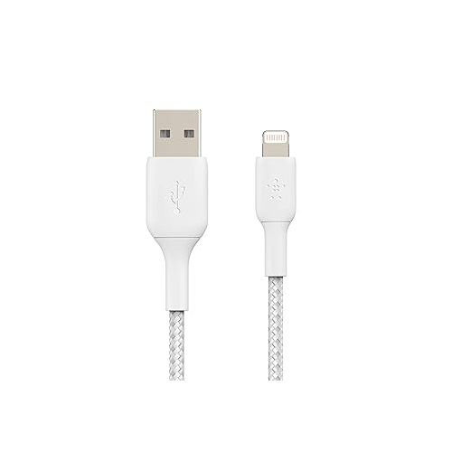 벨킨 Belkin BoostCharge Braided Lightning Cable - 6.6ft/2M - MFi Certified Apple iPhone Charger USB to Lightning Cable 6ft - iPhone Cable - iPhone Charger Cable - Apple Charger - USB Phone Charger - White