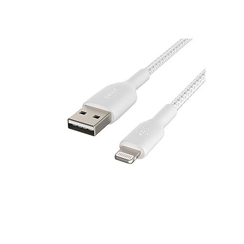 벨킨 Belkin BoostCharge Braided Lightning Cable - 6.6ft/2M - MFi Certified Apple iPhone Charger USB to Lightning Cable 6ft - iPhone Cable - iPhone Charger Cable - Apple Charger - USB Phone Charger - White