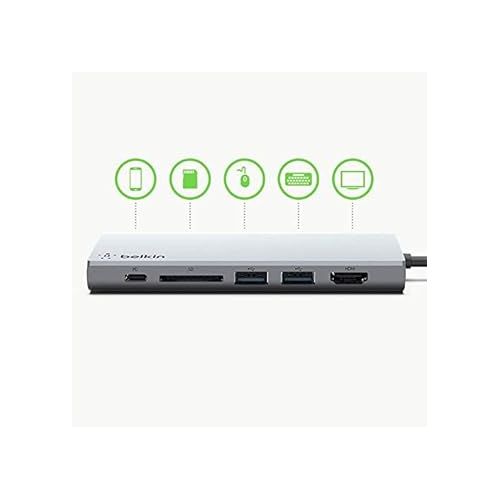 벨킨 Belkin USB-C Hub, 5-in-1 Multi-Port Docking Station, USB-C Docking Station for iPad, iPad Pro, iPad Mini, MacBook, & More - 60W USB-C Power Delivery 3.0, 4K HDMI USB-A, USB-C, Ethernet & SD Card Ports