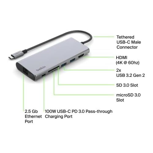 벨킨 Belkin USB-C Hub, 5-in-1 Multi-Port Docking Station, USB-C Docking Station for iPad, iPad Pro, iPad Mini, MacBook, & More - 60W USB-C Power Delivery 3.0, 4K HDMI USB-A, USB-C, Ethernet & SD Card Ports