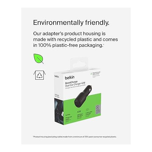 벨킨 Belkin BoostCharge Dual Car Charger 42W w/Fast Charge USB-C 30W PPS & 12W USB-A Ports for Apple iPhone 15, 15 Pro, 15 Pro Max, iPhone 14 Series, iPhone 13 Series, Samsung Galaxy S23, & More - Black