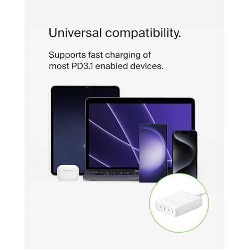 벨킨 Belkin BoostCharge Pro 4-Port USB-C GaN Wall Charger, 200W Multi-Port Charger w/USB-C PD 3.1 Fast Charge + 5ft Power Cord for MacBook Pro, iPhone 15 Series, iPad Pro, Galaxy S24, Google Pixel, & More