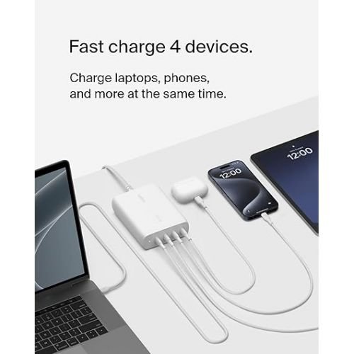 벨킨 Belkin BoostCharge Pro 4-Port USB-C GaN Wall Charger, 200W Multi-Port Charger w/USB-C PD 3.1 Fast Charge + 5ft Power Cord for MacBook Pro, iPhone 15 Series, iPad Pro, Galaxy S24, Google Pixel, & More