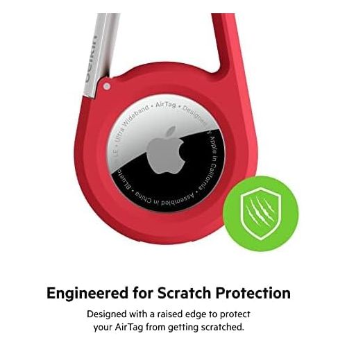 벨킨 Belkin Apple AirTag Secure Holder with Carabiner - Durable Scratch Resistant Case With Open Face & Raised Edges - Protective AirTag Keychain Accessory For Keys, Pets, Luggage & More - Red