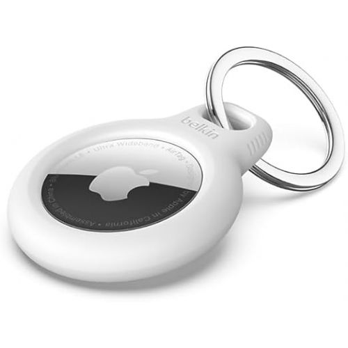 벨킨 Belkin Apple AirTag Secure Holder with Key Ring - Durable Scratch Resistant Case With Open Face & Raised Edges - Protective AirTag Keychain Accessory For Keys, Pets, Luggage, Backpacks & More - White