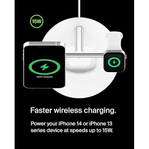 벨킨 Belkin MagSafe 3-in-1 Wireless Charger Stand - Fast Charging for iPhone 15, 14, 13 Series & Apple Watch - Magnetic Charging Station for Multiple Apple Devices