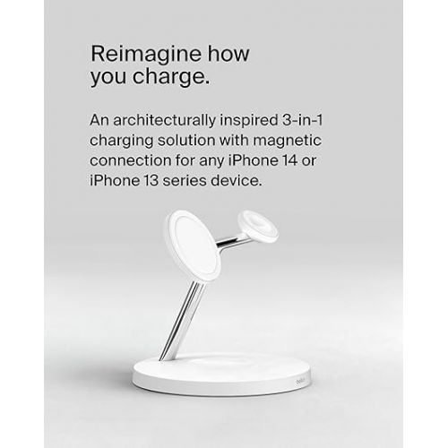 벨킨 Belkin MagSafe 3-in-1 Wireless Charger Stand - Fast Charging for iPhone 15, 14, 13 Series & Apple Watch - Magnetic Charging Station for Multiple Apple Devices