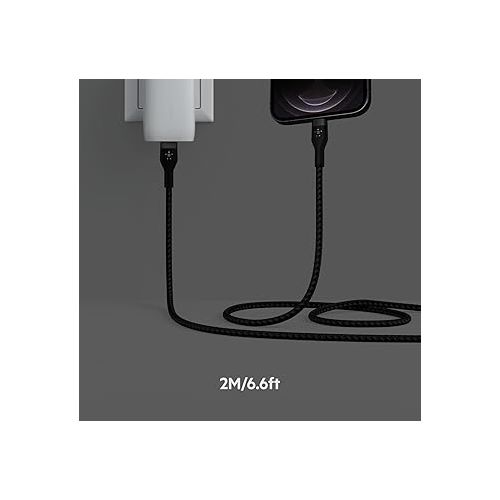 벨킨 Belkin BoostCharge Pro Flex Braided USB Type-C to Lightning Cable 2-Pack (2M/6.6ft), Mfi-Certified 20W Fast Charging PD Power Delivery for iPhone 13, iPhone 12, iPhone 11, iPad, and More - Black