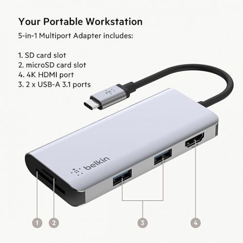 벨킨 Belkin USB-C Hub, 5-in-1 MultiPort USB-C Docking Station for MacBook & Windows w/ 4K HDMI 1.4, 2x USB-A 3.1, SD 3.0, & Micro SD 3.0, & 5Gbps Data Transfer for Home, Office, & Travel, PVC002