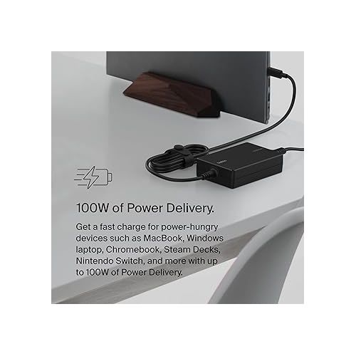 벨킨 Belkin Connect 100W USB-C Core GaN Power Adapter, Fast-Charging Adapter w/Universal USB-C Compatibility, 100W Power Delivery, 8ft Power Cable for Gaming, MacBook Pro, PC Laptops, and Chromebook