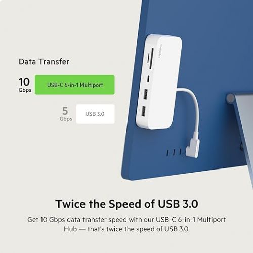 벨킨 Belkin USB-C 6-in-1 Multiport Hub with Mount - USB Hub - USB C Docking Station with Micro SD Card Reader - Powered USB Hub - Compatible with MacBook, Chromebook, iMac, PC & Other USB-C Devices