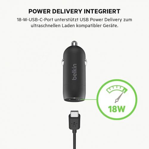 벨킨 Belkin USB-C Car Charger 18W W/ 4Ft USB-C to Lightning Cable (iPhone Fast Charger for iPhone 11, Pro, Max, XS, Max, XR, X, 8, Plus, iPhone SE 2020) iPhone Car Charger, iPhone Charger