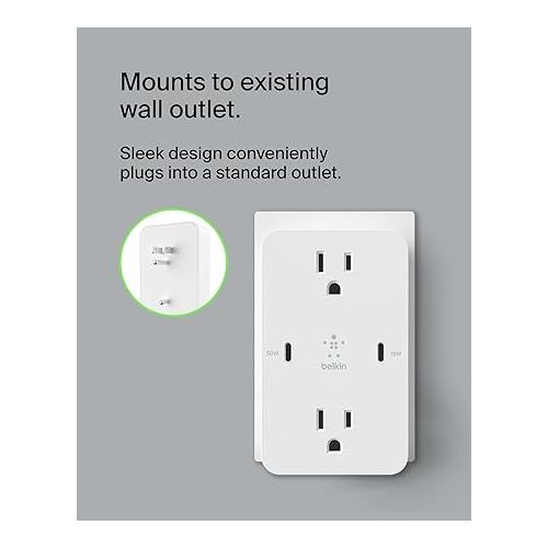 벨킨 Belkin Multi-Outlet Extender, Fast Charging USB-C Plug Adapter - Safe Charge for MacBook Pro, Chromebook, Apple iPhone 15, iPhone 14, iPhone 13, Samsung Galaxy S23, Tablet, & More - White