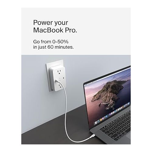 벨킨 Belkin Multi-Outlet Extender, Fast Charging USB-C Plug Adapter - Safe Charge for MacBook Pro, Chromebook, Apple iPhone 15, iPhone 14, iPhone 13, Samsung Galaxy S23, Tablet, & More - White