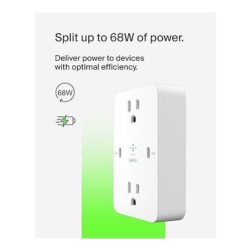 벨킨 Belkin Multi-Outlet Extender, Fast Charging USB-C Plug Adapter - Safe Charge for MacBook Pro, Chromebook, Apple iPhone 15, iPhone 14, iPhone 13, Samsung Galaxy S23, Tablet, & More - White