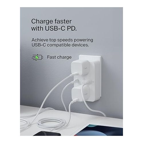 벨킨 Belkin Multi-Outlet Extender, Fast Charging USB-C Plug Adapter - Safe Charge for MacBook Pro, Chromebook, Apple iPhone 15, iPhone 14, iPhone 13, Samsung Galaxy S23, Tablet, & More - White