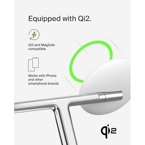 벨킨 Belkin 3-in-1 Wireless Charging Stand with Magnetic MagSafe Compatible Qi2 15W, Fast Charging iPhone Charger for iPhone 15, 14, and 13 Series, AirPods, Apple Watch, & More (PSU Included) - White